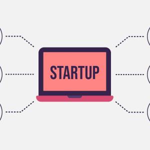 Schermo con scritto startup e loghi che compongono le idee di startup