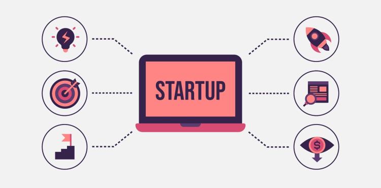 Schermo con scritto startup e loghi che compongono le idee di startup